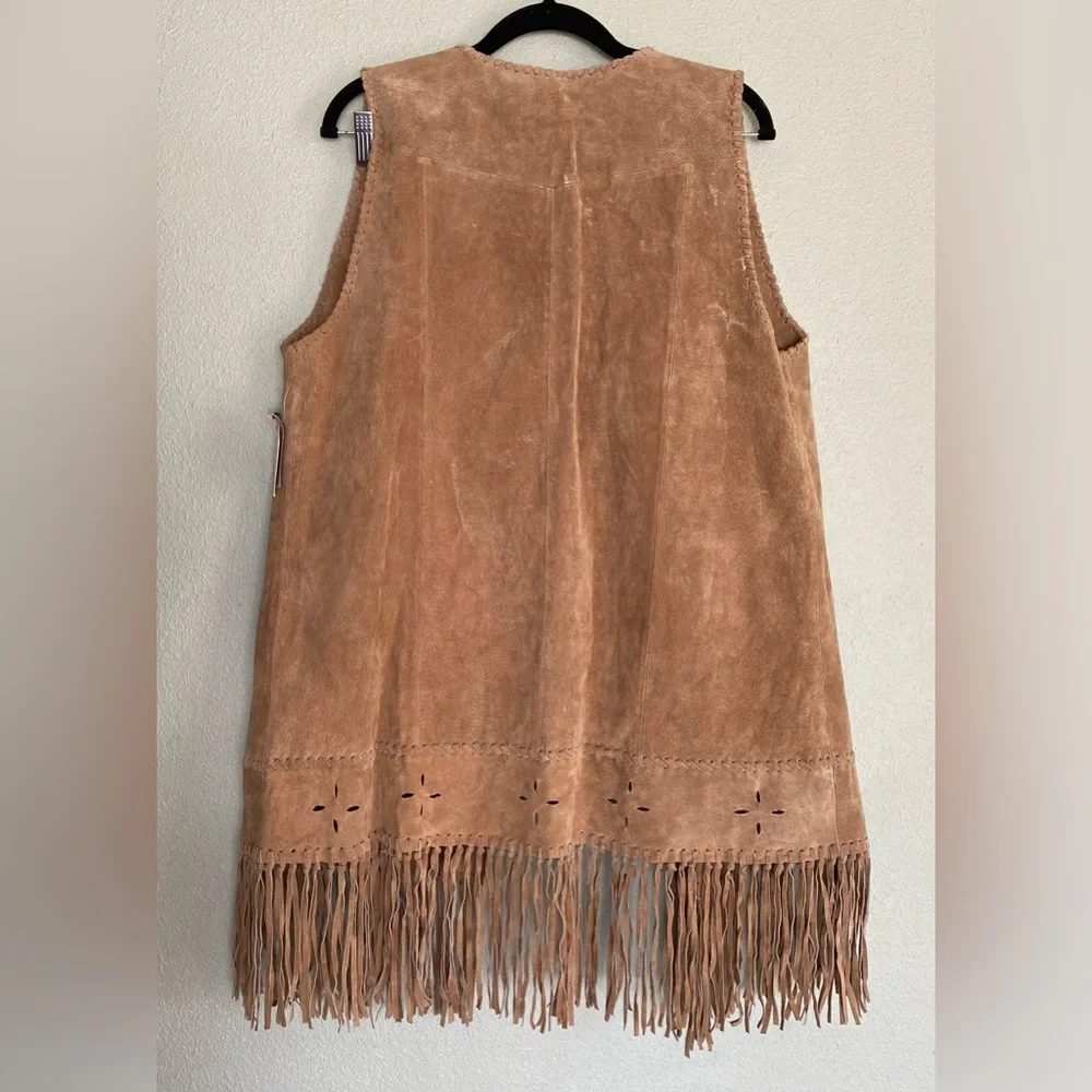Womens Native American Wilson Leather Suede Fringe Vest Tan Outfit XL 14 - Picture 4 of 16